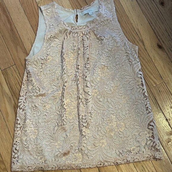 LOFT Flowy Dusty-Rose Floral Lace Lined Sleeveless Blouse Key Hole Back Small - Picture 1 of 1